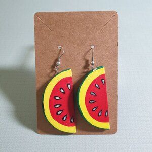 Vintage Watermelon Slice Wooden Drop Earrings Hand Painted Picnic Women Novelty